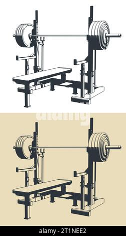 Stylized vector illustrations of press weight adjustable squat rack bench Stock Vector