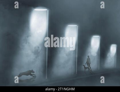 A large stray dog runs toward a woman walking her dog at night in the fog in an urban setting in a 3-d illustration about stray dog problems in cities Stock Photo