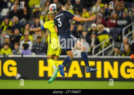 October 14, 2023: Nashville SC midfielder Hany Mukhtar (10) and New England Revolution defender Omar GonzÃ¡lez (3) head the ball during the second half of an MLS game between New England Revolution and Nashville SC at Geodis Park in Nashville TN Steve Roberts/CSM Credit: Cal Sport Media/Alamy Live News Stock Photo