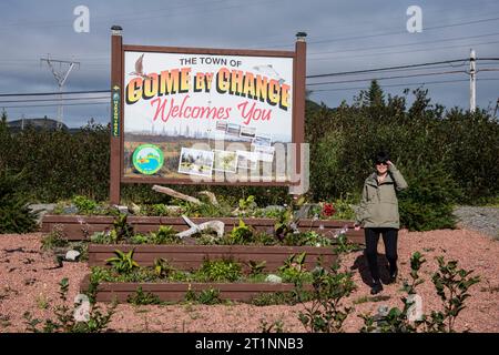 Welcome to the town of Come By Chance sign in Newfoundland & Labrador, Canada Stock Photo