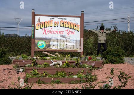 Welcome to the town of Come By Chance sign in Newfoundland & Labrador, Canada Stock Photo