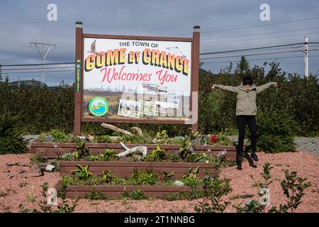 Welcome to the town of Come By Chance sign in Newfoundland & Labrador, Canada Stock Photo