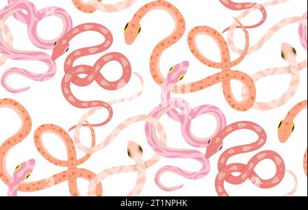 Gentle seamless vector pattern with pink and yellow snakes. Texture with cartoon serpents in pastel colors on white background. Surface design Stock Vector