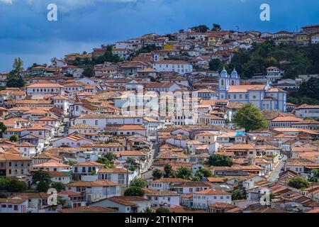 Close-up aerial view with sunshine, shadow and clouds to the historic town center of Diamantina, Minas Gerais, Brazil Stock Photo