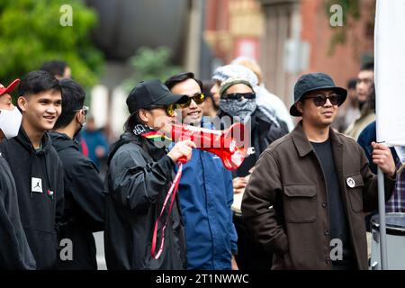 Melbourne, Australia, 15 October, 2023. A man holds a megaphone during the Pro Palestine rally at the State Library at the State Library on October 15, 2023 in Melbourne, Australia. Credit: Andrew Hewison/Speed Media/Alamy Live News Stock Photo