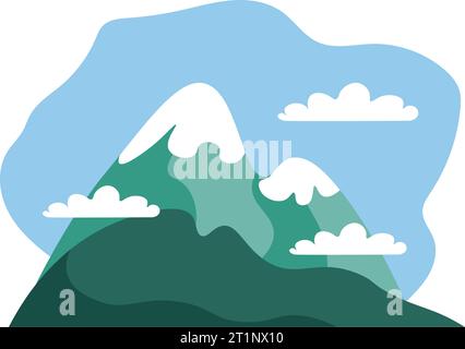 Nature landscape with mountain peaks covered with snow. Snowy view or scenery, natural greenery of forests and fields. Trekking and hiking, mountainou Stock Vector