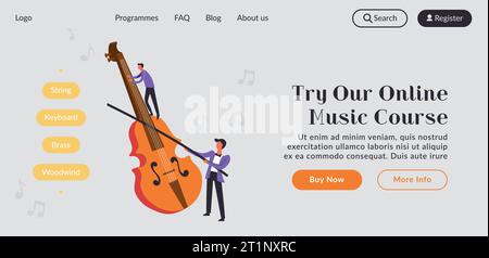 Try our online music course. String and brass, keyboard and woodwind instruments. Fundamental knowledge in classical composition. Website landing page Stock Vector