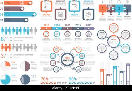 Set of most useful infographic elements - bar graphs, human infographics, pie charts, steps and options, workflow, puzzle, percents, circle diagram, t Stock Vector