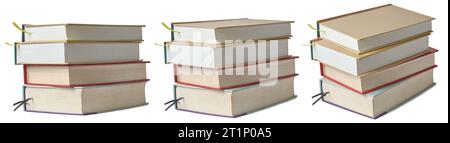 stack of old used books with bookmark ribbons isolated on white background, taken in different angles, back to school or learning concept Stock Photo