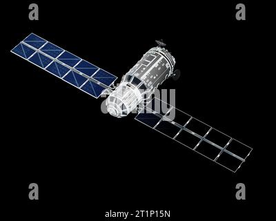 3d rendering wireframe satellite dish with solar panel isolated on black background Stock Photo