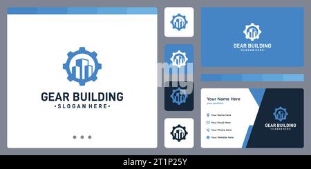 Gear logo design template with building real estate logo design graphic vector illustration. Symbol, icon, creative. Stock Vector