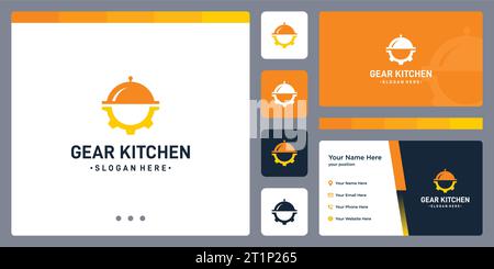 Gear logo design template with dish holder logo design graphic vector illustration. Symbol, icon, creative. Stock Vector
