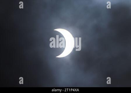 Non Exclusive: October 14, 2023 in Nezahualcóyotl, Mexico: General view of  the Anular Solar eclipse,  it is  observed  the Moon covering up to 70% of Stock Photo