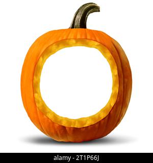 Halloween Pumpkin Design Element and Jack O Lantern as spooky orange trick or treat pumpkins with carved empty hole with a blank text area as a market Stock Photo