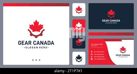 Gear logo design template with canadian leaf logo design graphic vector illustration. Symbol, icon, creative. Stock Vector