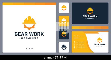 Gear logo design template with construction workers hat logo design graphic vector illustration. Symbol, icon, creative. Stock Vector