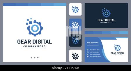 Gear logo design template with digital pixel logo design graphic vector illustration. Symbol, icon, creative. Stock Vector