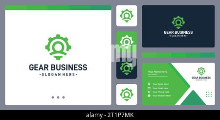 Gear logo design template with people logo design graphic vector illustration. Symbol, icon, creative. Stock Vector