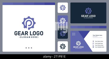 gear logo and initials letter P logo. business card design template. Stock Vector