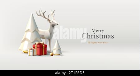 Christmas greeting composition with realistic 3d white gold trending statuettes for Christmas tree, deer, gift boxes, render cartoon style Stock Vector