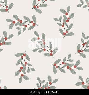 Christmas seamless pattern decorative branch with leaves and red berries. Perfect for seasonal gift paper, textile, celebration design. Vector illustr Stock Vector
