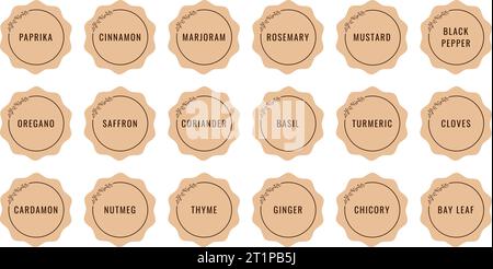 Cardboard stickers or labels for jars of spices and herbs. Can be used to label kitchen food containers.Labels, stickers, craft decals, floral frame a Stock Vector