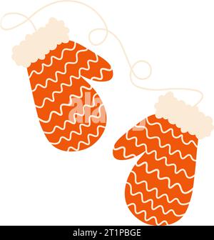 Red Christmas mittens with ornament and rope. Traditional winter clothes, knit mittens for cold season. Isolated. Vector illustration Stock Vector
