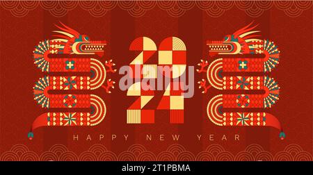 2024 Dragon Lunar Chinese New Year card. Modern Geometric Chinese pattern. Stock Vector