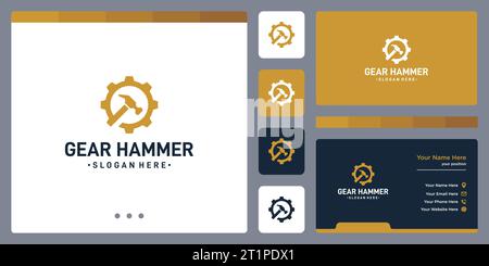 Gear logo design template with hammer graphic design vector illustration. Stock Vector