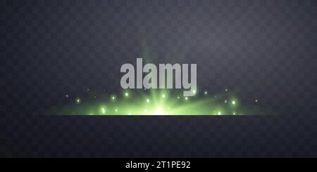 Green horizontal lensflare. Light flash with rays or green spotlight. Glow flare light effect. Vector illustration. Isolated on dark transparent backg Stock Vector