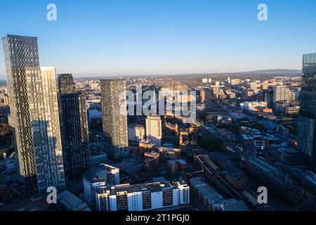 Manchester City Centre Drone Aerial View Above Building Work Skyline Construction Blue Sky 2023 Deansgate Stock Photo