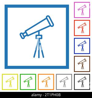Space telescope outline flat color icons in square frames on white background Stock Vector