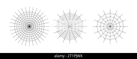 Symmetrical spider web icon. Geometric halloween badge. Minimal spooky sticker. Stock Vector