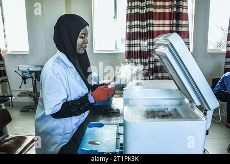 A young female technician at the Vocational training centre repairing a mobile phone in Dar es Salaam, Tanzania on October 1, 2021 Stock Photo