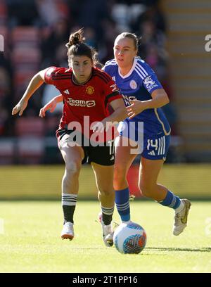 Manchester United's Lucia Garcia (left) and Leicester City's Josie Green in action during the Barclays Women's Super League match at the Leigh Sports Village, Leigh. Picture date: Sunday October 15, 2023. Stock Photo