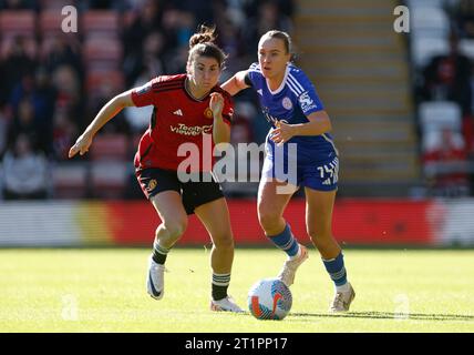 Manchester United's Lucia Garcia (left) and Leicester City's Josie Green in action during the Barclays Women's Super League match at the Leigh Sports Village, Leigh. Picture date: Sunday October 15, 2023. Stock Photo