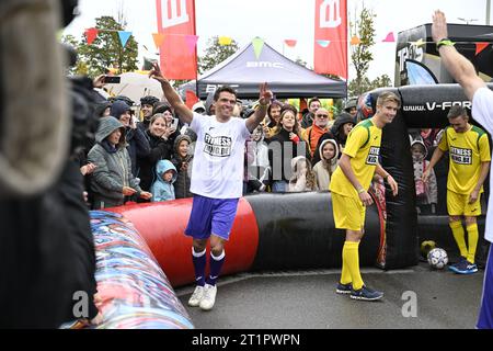 Retiring cyclist Greg Van Avermaet plays a game of football at a farewell event 'Goodbye Greg' for cyclist Van Avermaet, in Dendermonde. Van Avermaet says goodbye to the cycling peloton. After seventeen professional seasons with 42 victories, including Paris-Roubaix and the 2016 Olympic road race in Rio, he is officially hanging up his bike. To say goodbye in an appropriate manner, he organizes a cycling and football festival in his home town of Dendermonde. In the morning there is a Fan Ride and in the afternoon there is a Fan Zone and free festival. BELGA PHOTO TOM GOYVAERTS Stock Photo