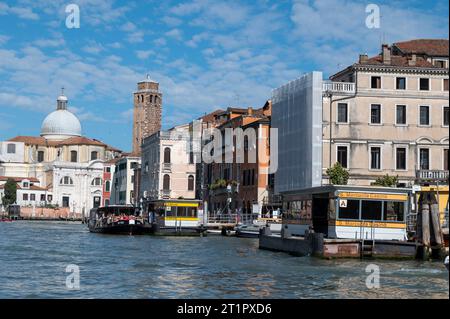 S. Marcuola Casino landing stage for vaporettos (Venice waterbus)  on the Grand Canal of Venice in the Veneto region of northern Italy. Stock Photo