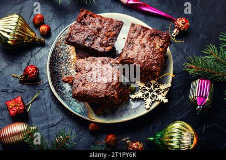 Panforte, delicious Christmas treat made from dried fruits and nuts. Panforte is an Christmas torte. Stock Photo