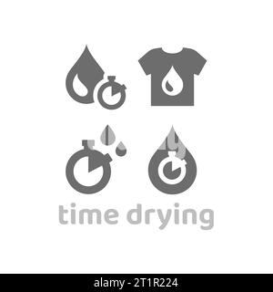 Drying time, dryer machine vector icon set. Quick dry fabric or clothes with clock icons. Stock Vector