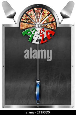 Template for a Italy Pizza Menu. Metallic sign with empty blackboard, pizza slices and text Italy Pizza and Italian flag. Isolated on white background Stock Photo