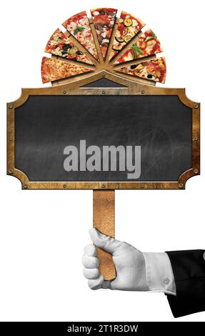 Hand of a chef with white glove holding a template for a pizza menu. Wooden and metal sign with slices of pizza and empty blackboard with copy space. Stock Photo