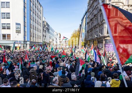 Belfast, UK. 15th Oct, 2023. A few thousand people attend the 'March for Palestine' in the Centre of Belfast to Highlight the Continuing retaliation by the Israel Defence Force in Gaza which has left 2300 death toll to date , after last weekend's massacre of 1300 Israelis by Hamas. There was a small Counter Demonstration by a few individuals who held up the Star of David Flag. The Rally was organised by the Ireland Palestine Solidarity Campaign (IPSC) Credit: Bonzo/Alamy Live News Stock Photo