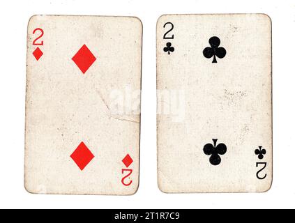 Vintage playing cards featuring a pair of twos on a white background. Stock Photo