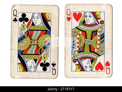 Vintage playing cards featuring a pair of queens on a white background. Stock Photo