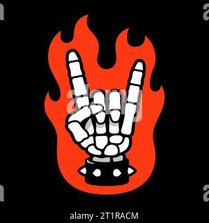 Skeleton hand making rock sign on fire. Heavy metal gesture with spiked leather bracelet in cartoon comic style. Music fan. Vector illustration Stock Vector