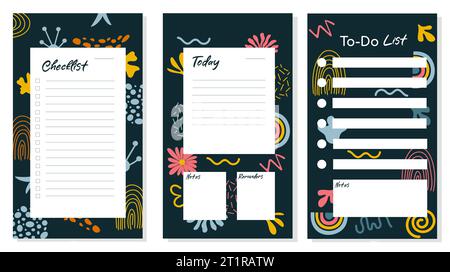 Three planner pages with hand drawn abstract elements. Vector to-do lists design. Stock Vector