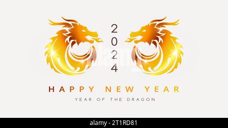 Happy Chinese new year 2024 of the dragon - two golden dragons minimalist style on white background and text happy new year 2024 year of the dragon - Stock Vector