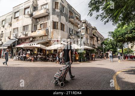 Tel Aviv, Israel - October 2, 2023 - Street view from the Nachalat Binyamin street, a vibrant street with shopsa and cafes in the center of Tel Aviv, Stock Photo