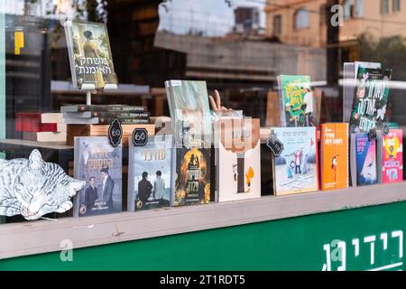 Tel Aviv, Israel - October 2, 2023 - Selection of best selling books in Hebrew language displayed at a bookstore in Tel Aviv, Israel. Stock Photo